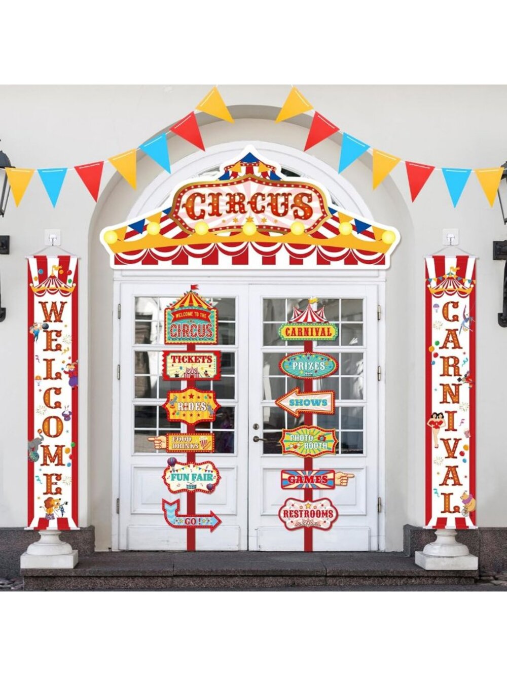 15 Pcs Carnival Decorations - Striped Awning Banners & Directional Signs for